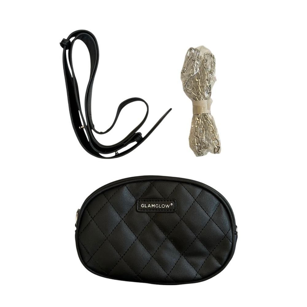 Glamglow Black Vegan Leather Quilted Convertible Clutch Belt Bag + Chain Strap